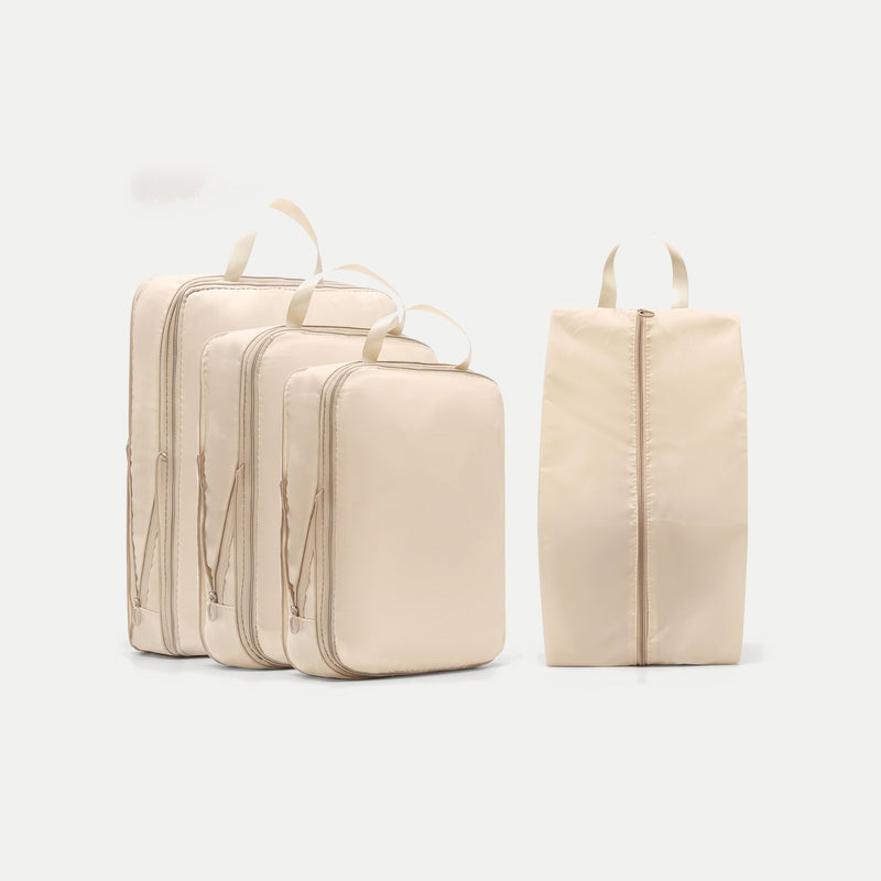 Set de 3 cubos de compresión y bolsa para zapatos en beige