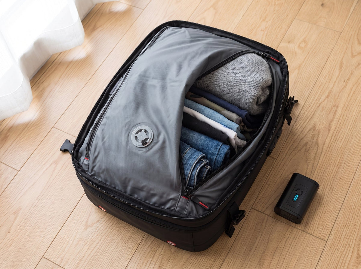 Mochila de viaje Zetics abierta con la bolsa de compresión llena de ropa antes de sacar el aire