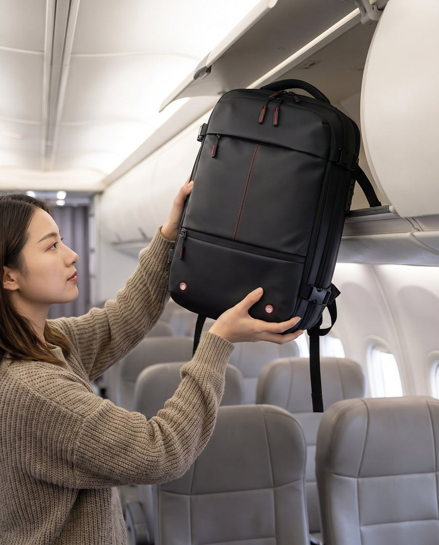 Guardando la mochila Zetics en el compartimento superior del avión