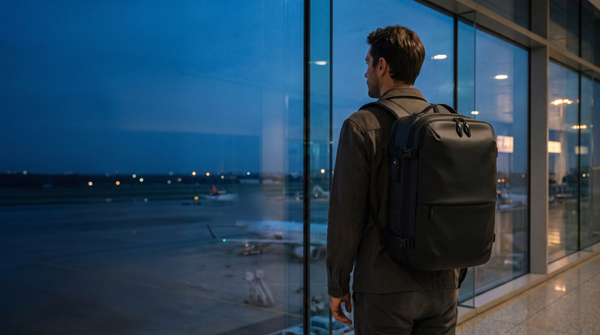 Viajero con la mochila Zetics en la terminal del aeropuerto